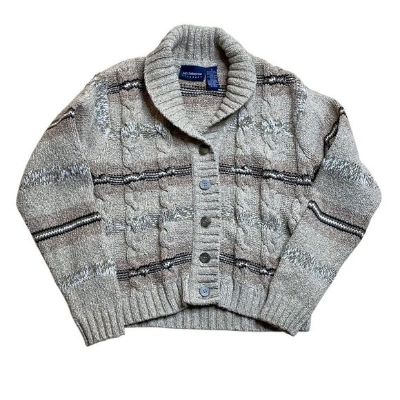 90s Vintage Liz Claiborne Cozy Beige Cable Knit Cardigan Shawl Collar Small - Picture 1 of 7